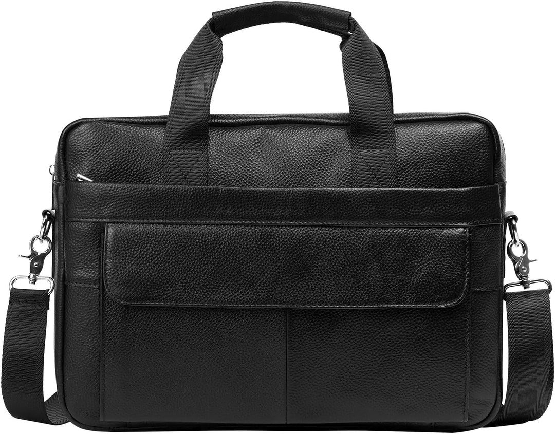 Top-grain leather unisex briefcase for 15" laptops, stylish and functional for work.