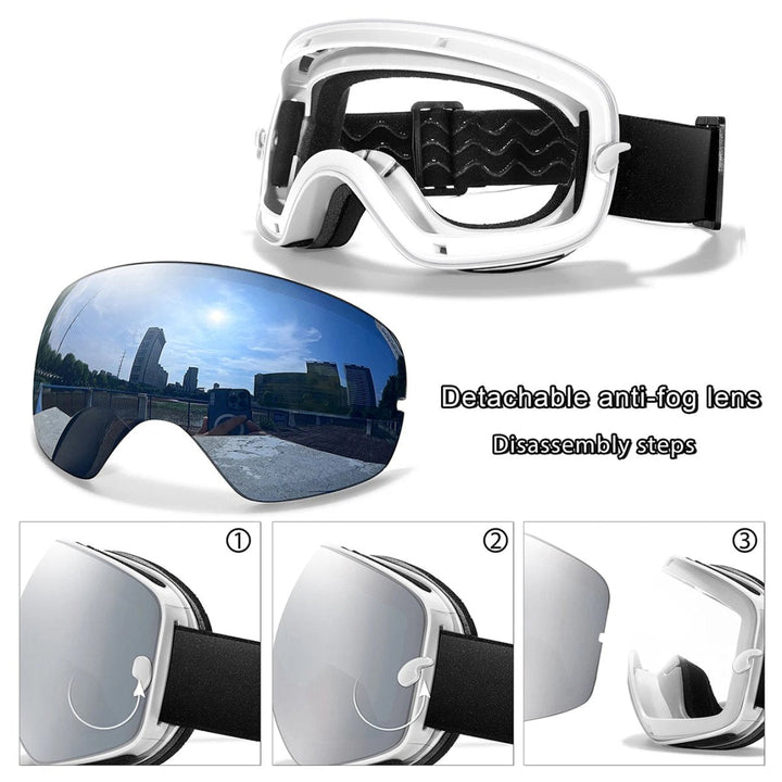 Skier wearing unisex anti-fog ski goggles with UV400 lens on a snowy mountain slope.