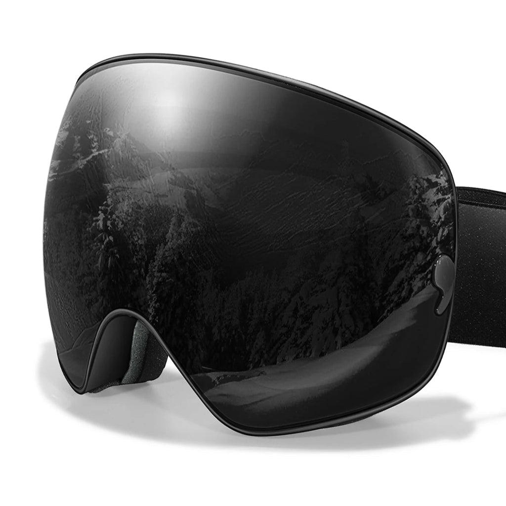Front view of premium unisex ski goggles with large, reflective UV400 & night vision lens.