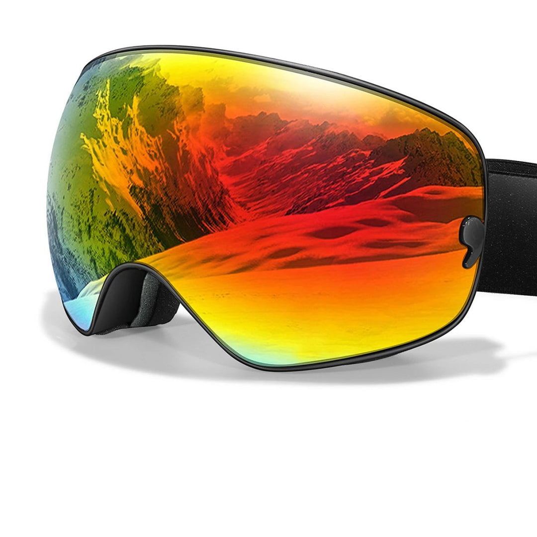 Side view of unisex snow goggles, highlighting the adjustable strap & anti-fog ventilation.