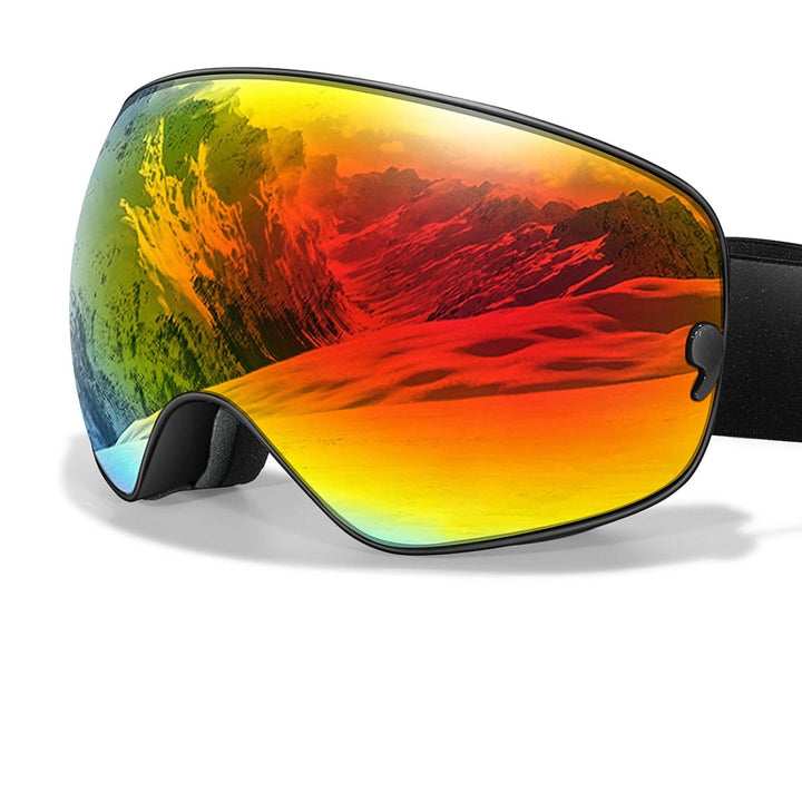 Side view of unisex snow goggles, highlighting the adjustable strap & anti-fog ventilation.
