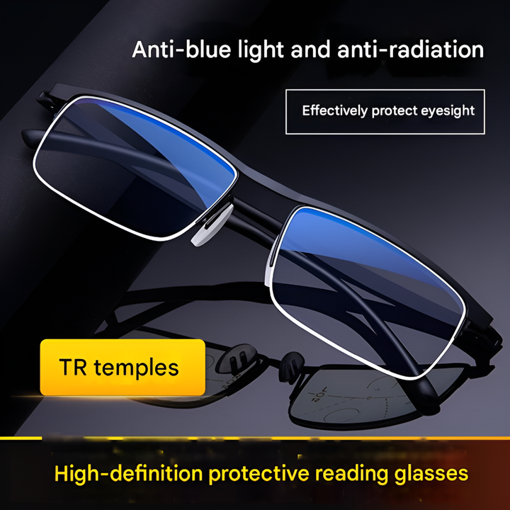 Stylish unisex progressive multifocal reading glasses. Designed for sharp near and far vision with comfort.
