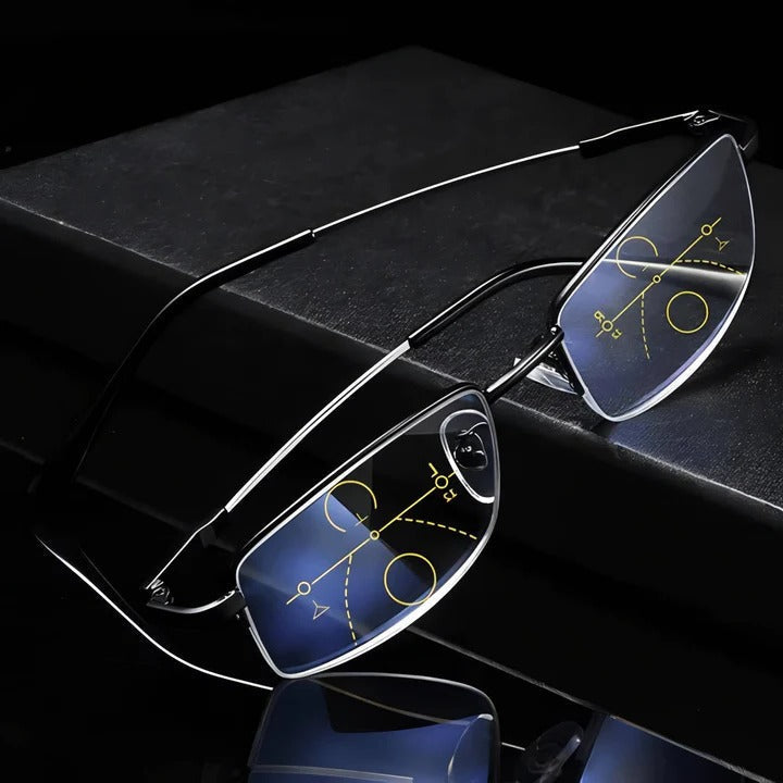 Unisex progressive reading glasses with blue light & UV protection for clear vision.