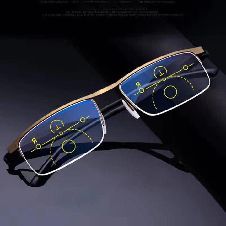 Progressive reading glasses, unisex, blue light blocking, UV protection, eye strain relief.