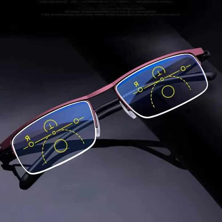 Unisex progressive reading glasses with multifocal lenses, blue light & UV protection for daily use.