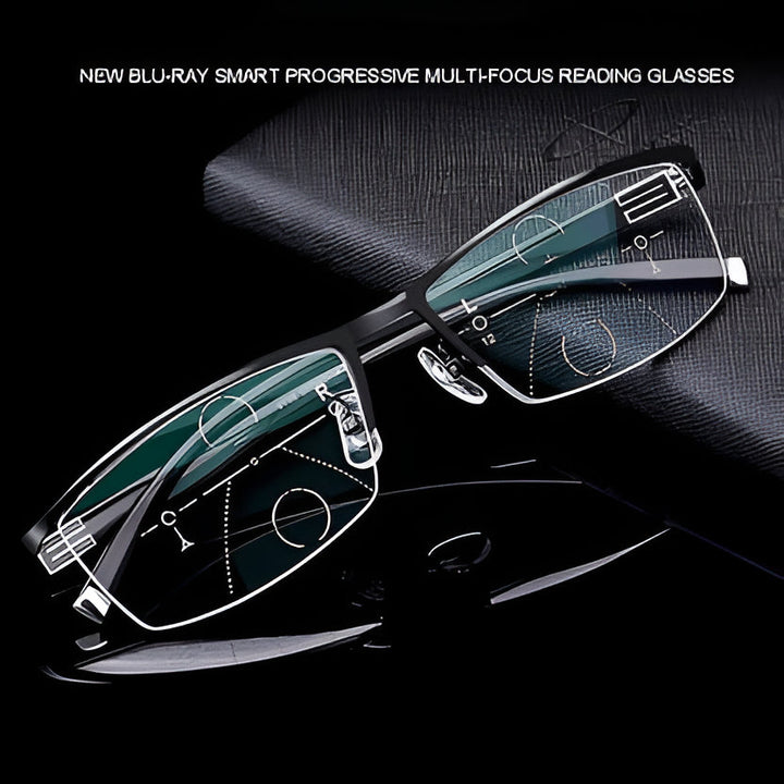 German intelligent multi-focus progressive sunglasses for vision correction & glare reduction.