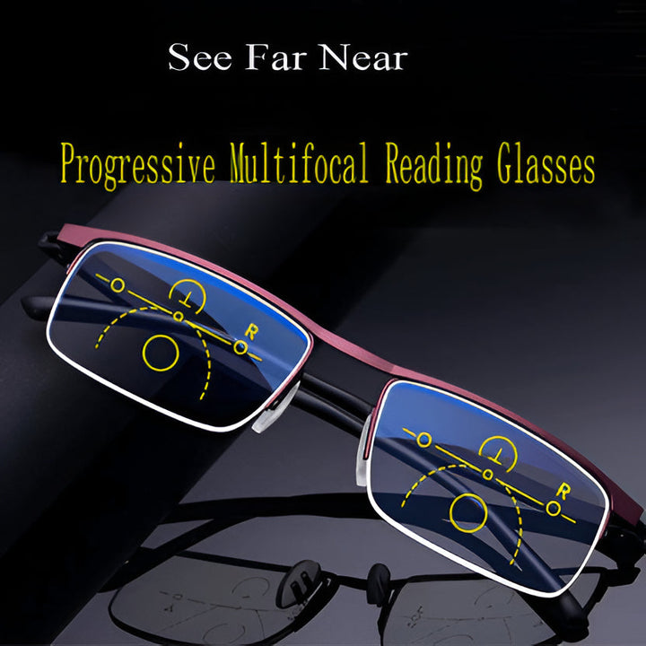 Adaptive progressive reading sunglasses. Clear vision, UV & blue light filter, anti-glare.