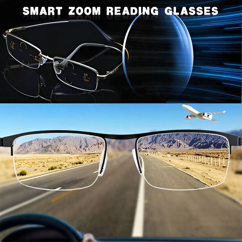 Progressive multi-focus sunglasses with UV protection & blue light filter for clear vision.