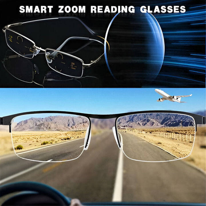 Progressive multi-focus sunglasses with UV protection & blue light filter for clear vision.