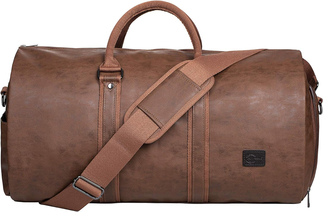 Unisex PU leather convertible garment duffel bag, carry-on size for travel, fully open.