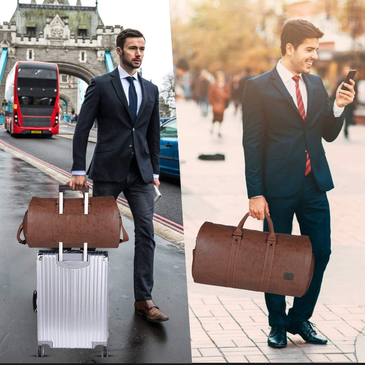Unisex PU leather travel bag, demonstrating its function as both a duffel and a garment carrier.