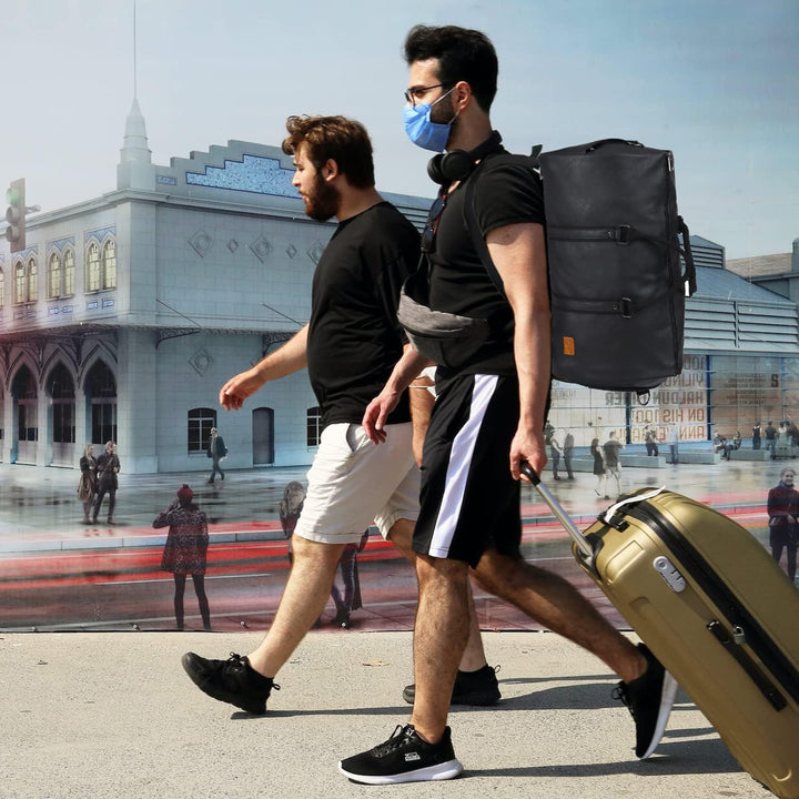 Close-up of the waterproof PU leather material of the unisex carry-on travel duffel bag.