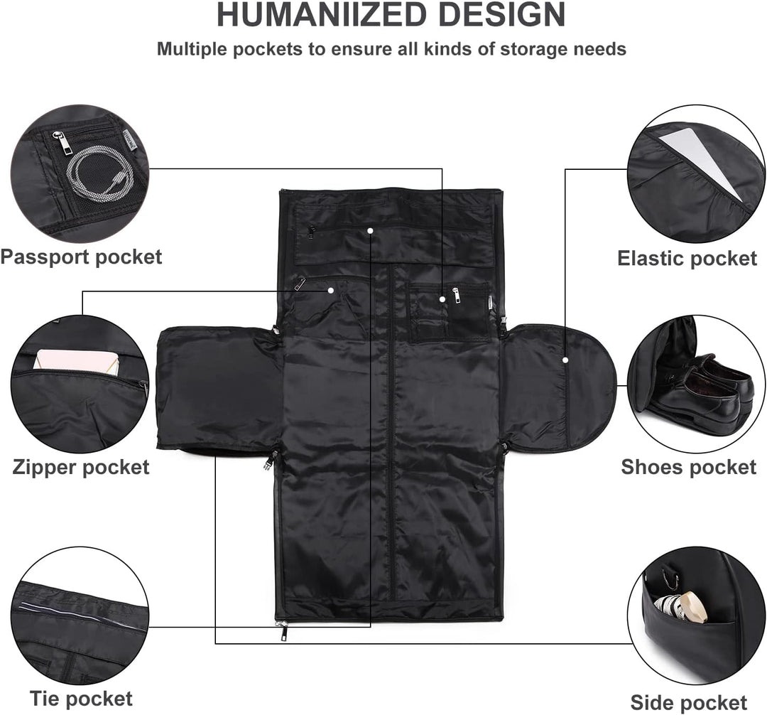 Open view of the garment duffel bag showing interior pockets for accessories, organized travel.