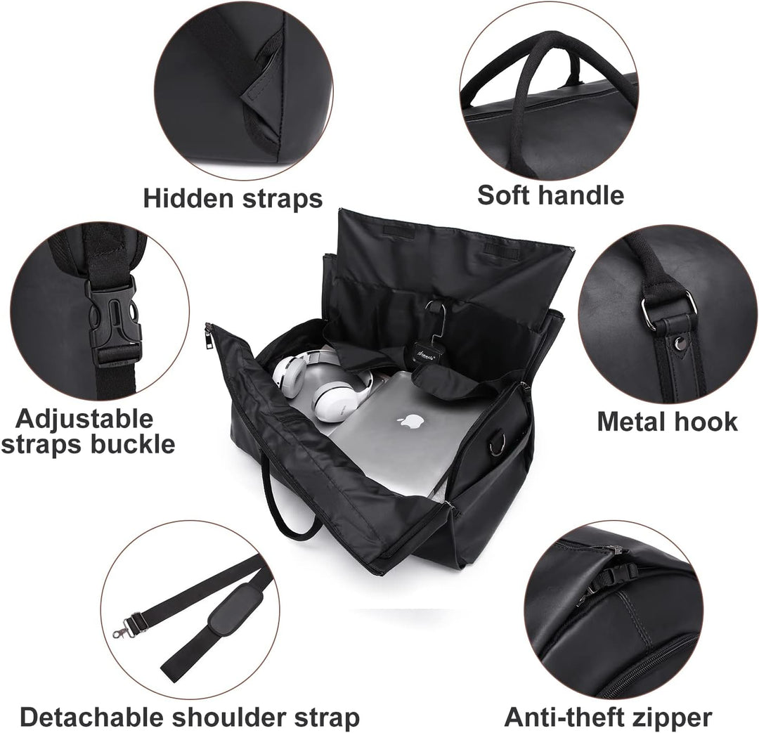 Unisex black PU leather convertible garment duffel bag, zipped as a weekender travel bag.