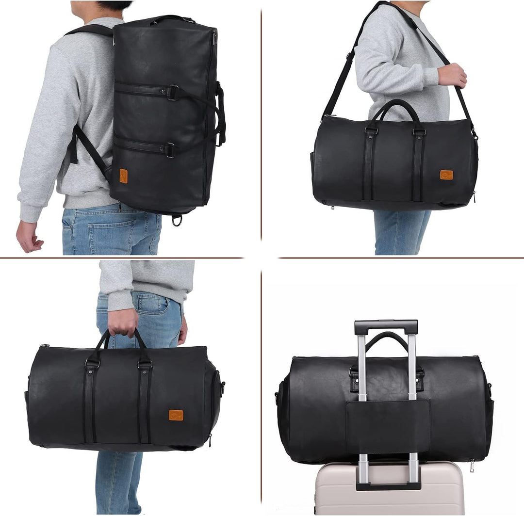 Open convertible duffel bag showing suit jacket and shirt laid flat for wrinkle-free travel.