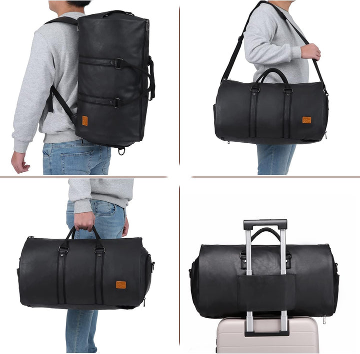 Open convertible duffel bag showing suit jacket and shirt laid flat for wrinkle-free travel.