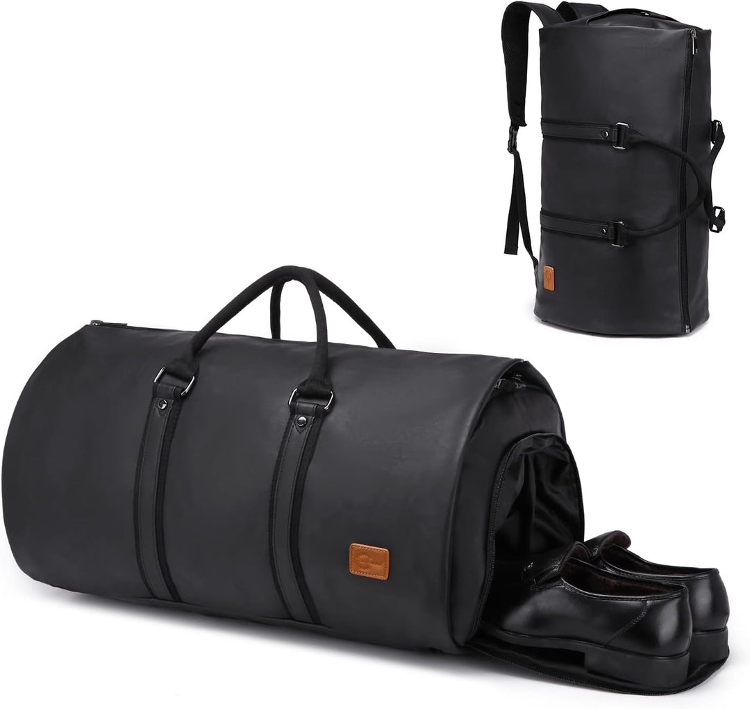 PU leather carry-on garment bag converted into a duffel, held by a traveler in an airport.
