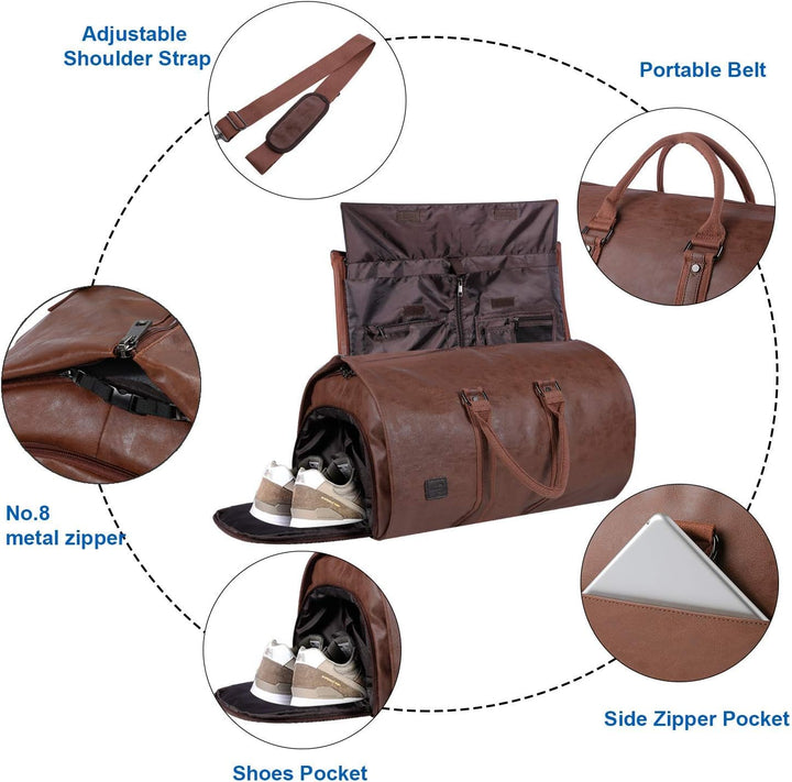Stylish black PU leather duffel bag on wheels, ready for a carry-on flight.