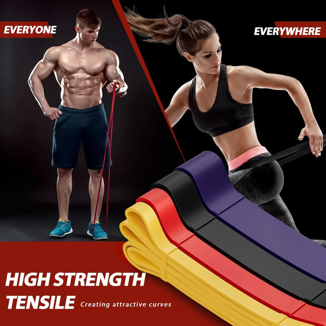 Durable latex resistance bands in multiple colors for pull-up assistance, strength training & flexibility.
