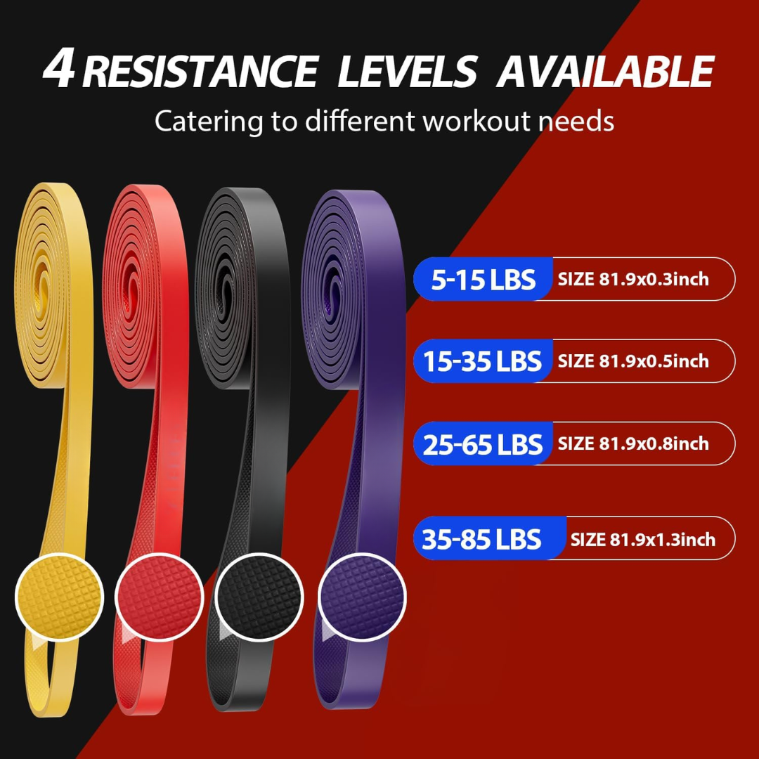 Person using a red pull-up assist resistance band for upper body strength training at home. Fitness equipment.