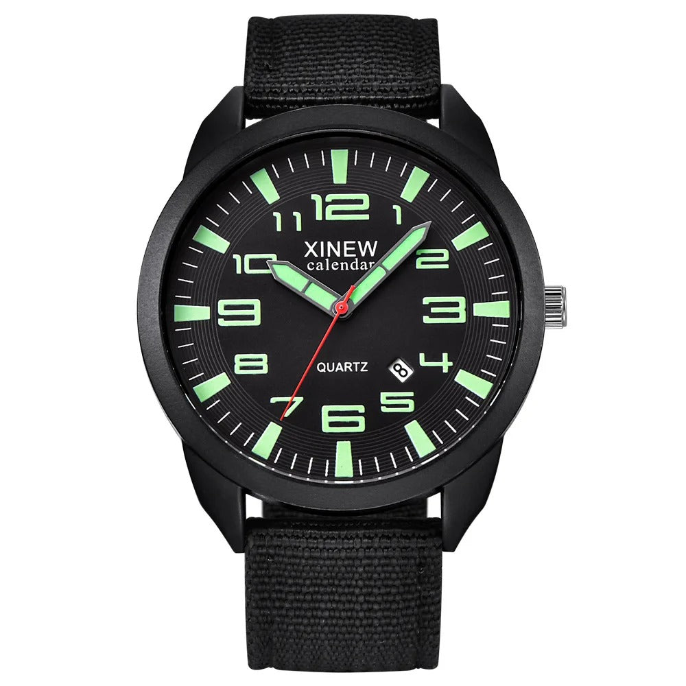 Unisex quartz watch with luminous dial, calendar, and elegant metal band. Modern and durable wrist accessory.