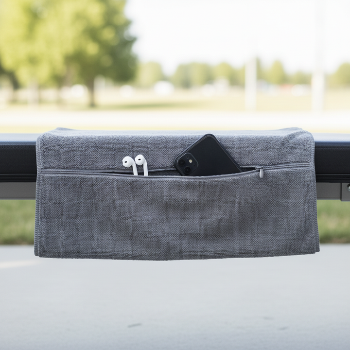 Unisex quick-dry gym towel with zipper pocket for secure storage during workouts.