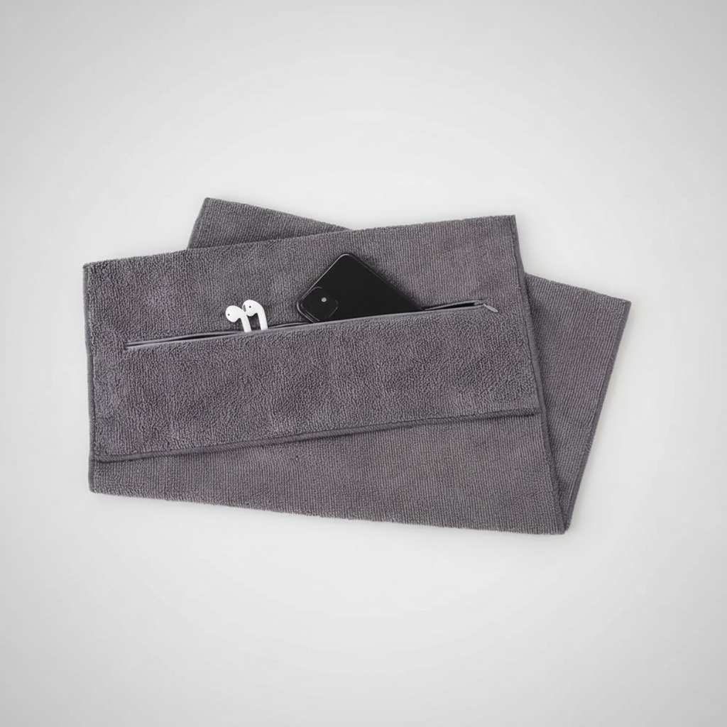 Compact microfiber sweat towel for gym, featuring a convenient and discreet zipper pocket.