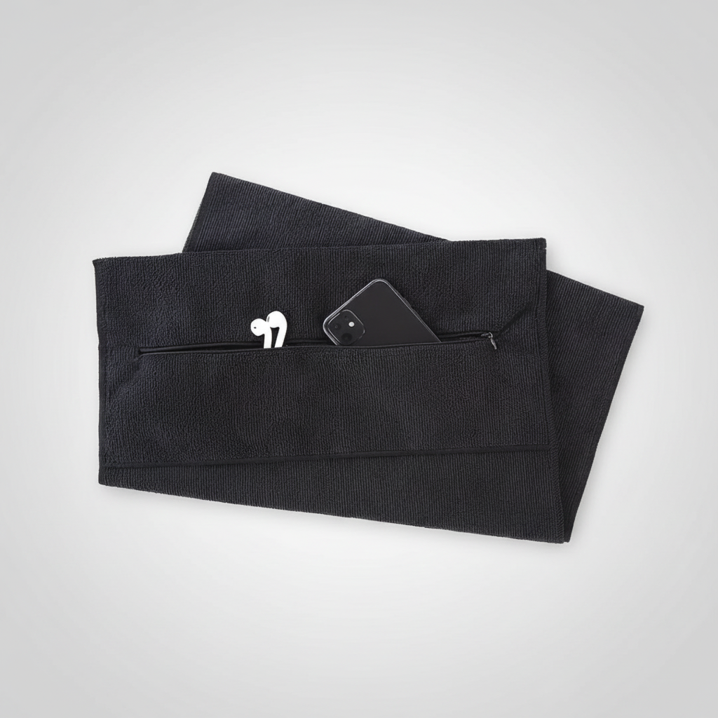 Unisex quick-dry gym towel in grey, ideal for all sports with secure zipper pocket.
