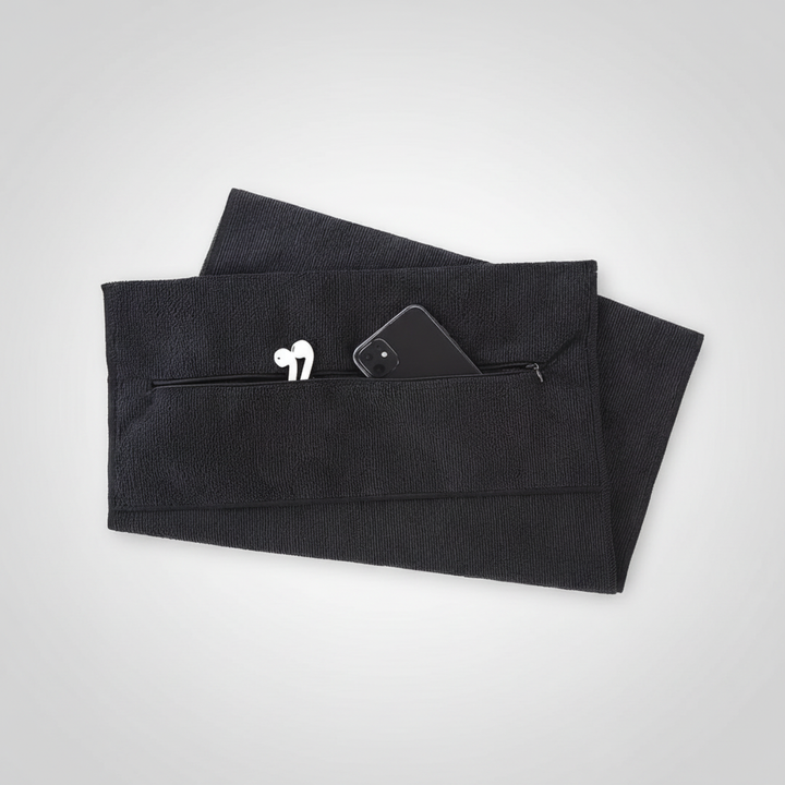 Unisex quick-dry gym towel in grey, ideal for all sports with secure zipper pocket.