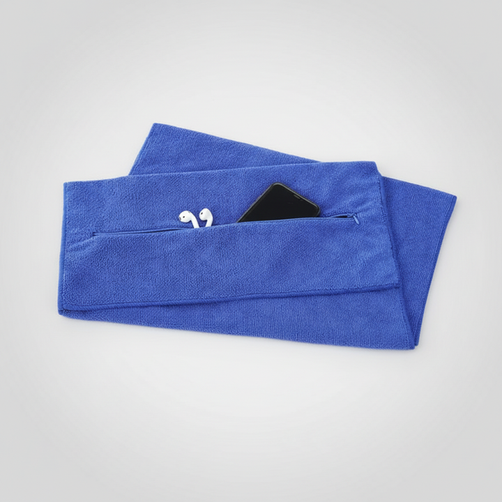 Sport towel with anti-slip design and quick-dry microfiber, includes a secure zipper pocket.