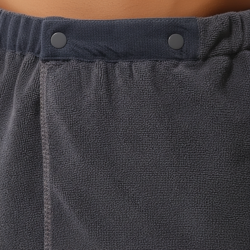 Model wearing unisex quick-dry lounge towel shorts for ultimate comfort and quick drying