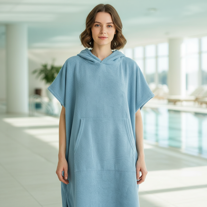 Unisex quick-dry microfiber changing poncho, ideal for beach, swimming, and watersports, soft grey fabric