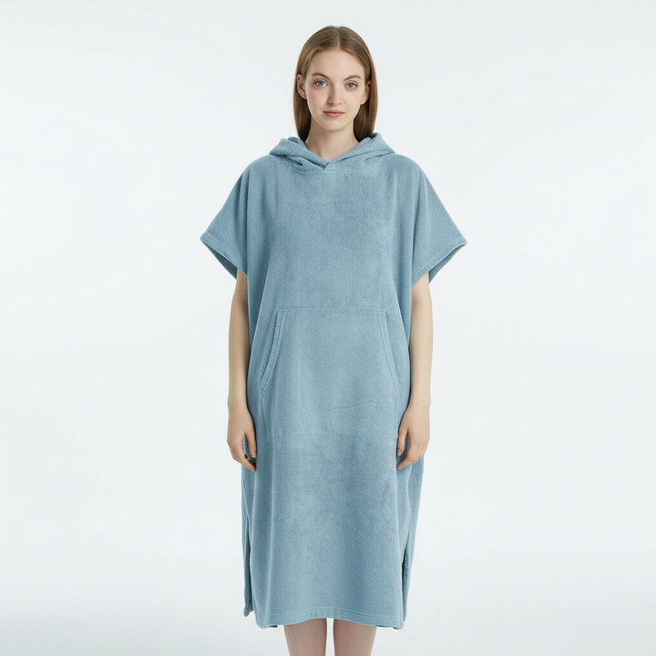 Spacious microfiber changing robe with hood, perfect for discreet changes after surf or swim, quick-dry technology