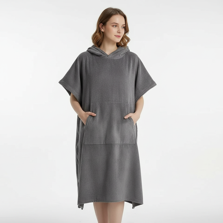 Detailed view of the quick-dry microfiber fabric on the changing poncho, emphasizing its texture and quality