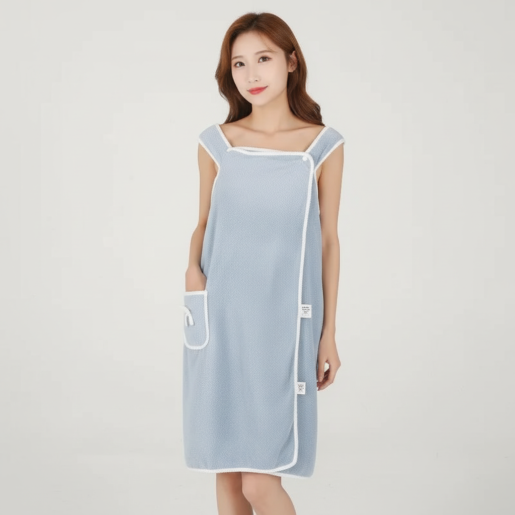 Woman wearing a quick-dry absorbent spa bathrobe, ideal as beachwear or lounge dress.