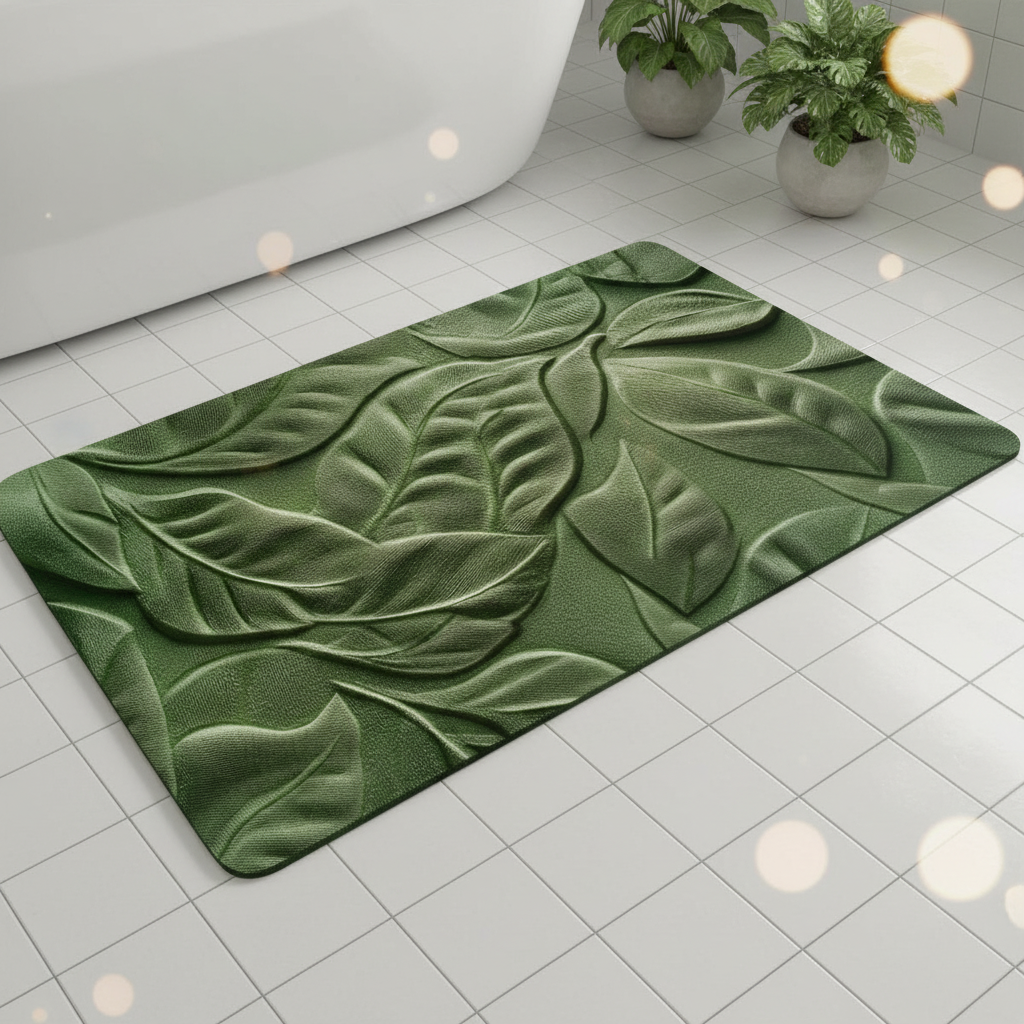 Unisex quick-drying bath mat with elegant leaf pattern, ideal for bathroom decor, made from absorbent diatomaceous earth.