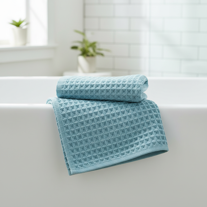 Unisex quick-drying waffle weave bath towel, white, soft cotton, highly absorbent.