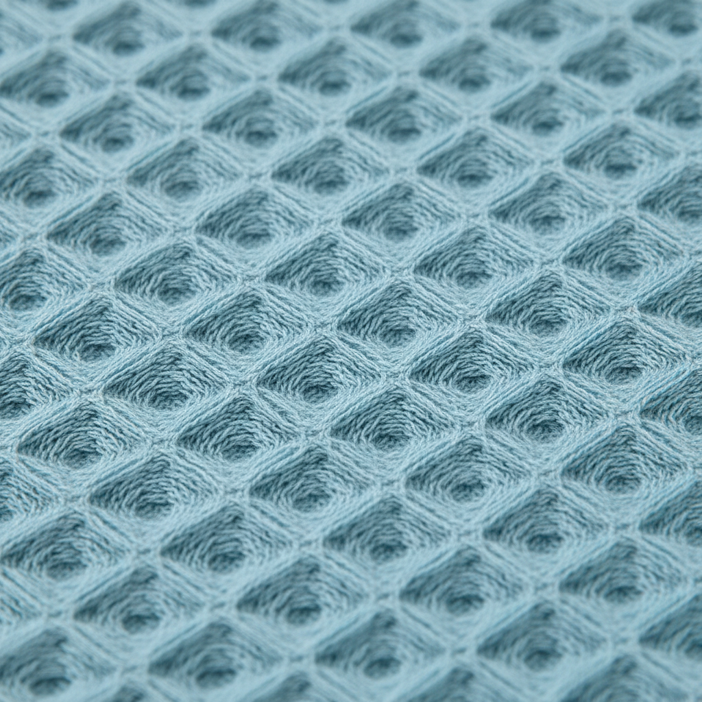 Grey quick-dry waffle weave bath towel, natural cotton fabric, exfoliating texture.