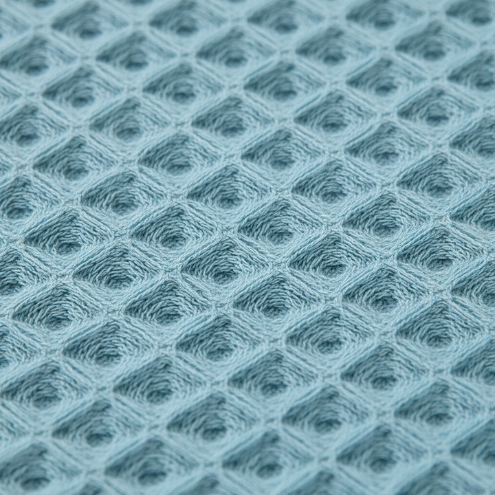 Grey quick-dry waffle weave bath towel, natural cotton fabric, exfoliating texture.