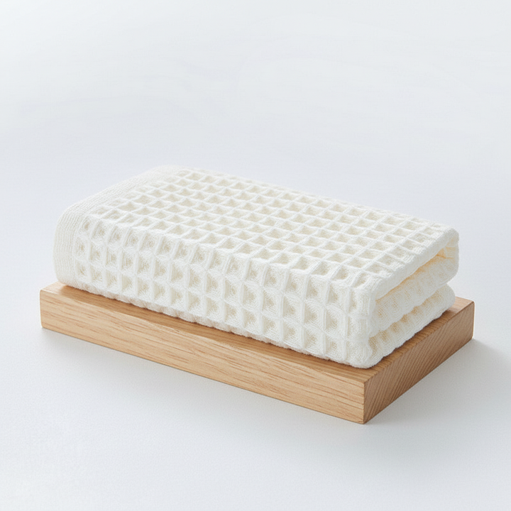 Stack of folded quick-drying waffle weave bath towels in various colors, natural cotton.