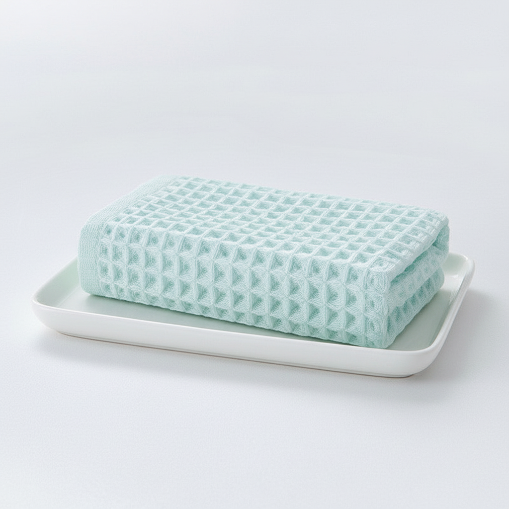 Unisex waffle weave bath towel in a bathroom setting, highlighting its quick-dry feature.
