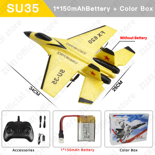 Remote control RC fighter jet glider, an outdoor hobby model airplane with vibrant LED lights.
