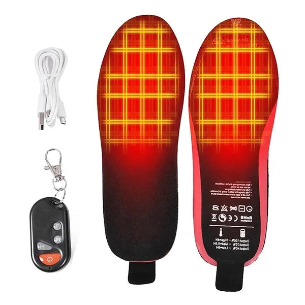 Rechargeable heated shoe insoles with remote control, ideal for warm feet & winter comfort.