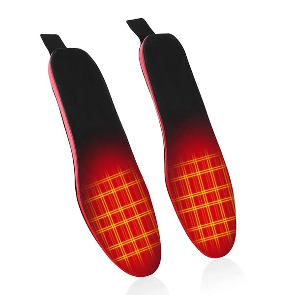 Thermal heated shoe inserts, rechargeable for winter warmth in outdoor gear & cold weather.