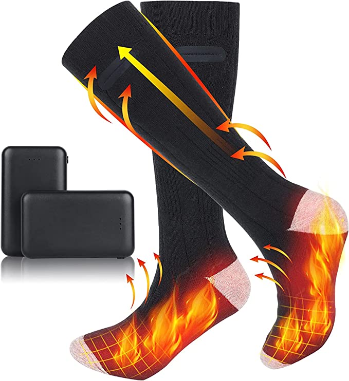 Thermal heated socks for outdoor warmth. Rechargeable electric foot warmers, perfect for cold weather activities.