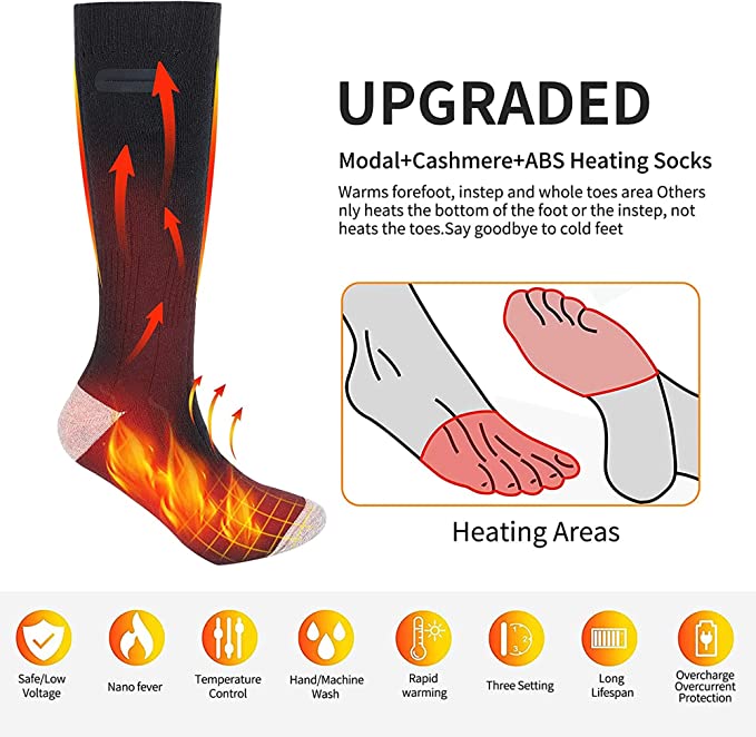 Close-up of comfortable, warm heated socks. Unisex design with rechargeable battery for long-lasting cold weather warmth.