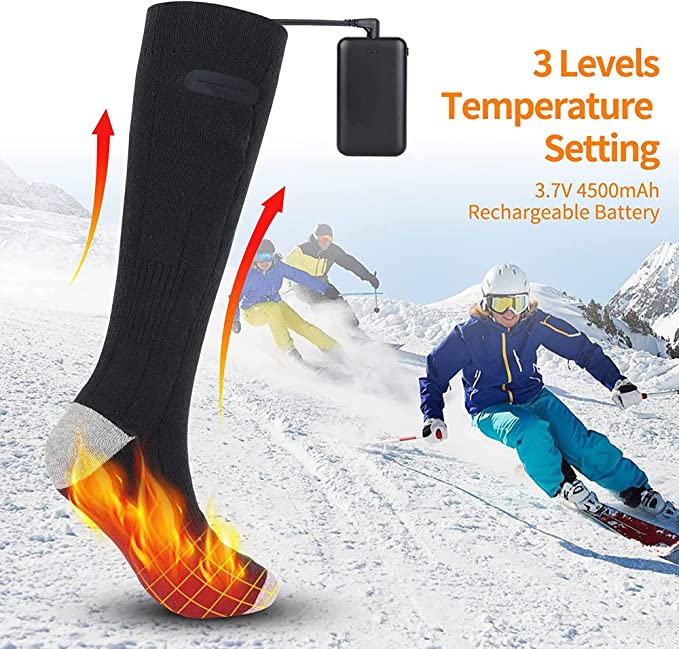 Pair of unisex electric heated socks. Rechargeable design ensures warm feet, ideal thermal foot warmers for winter.