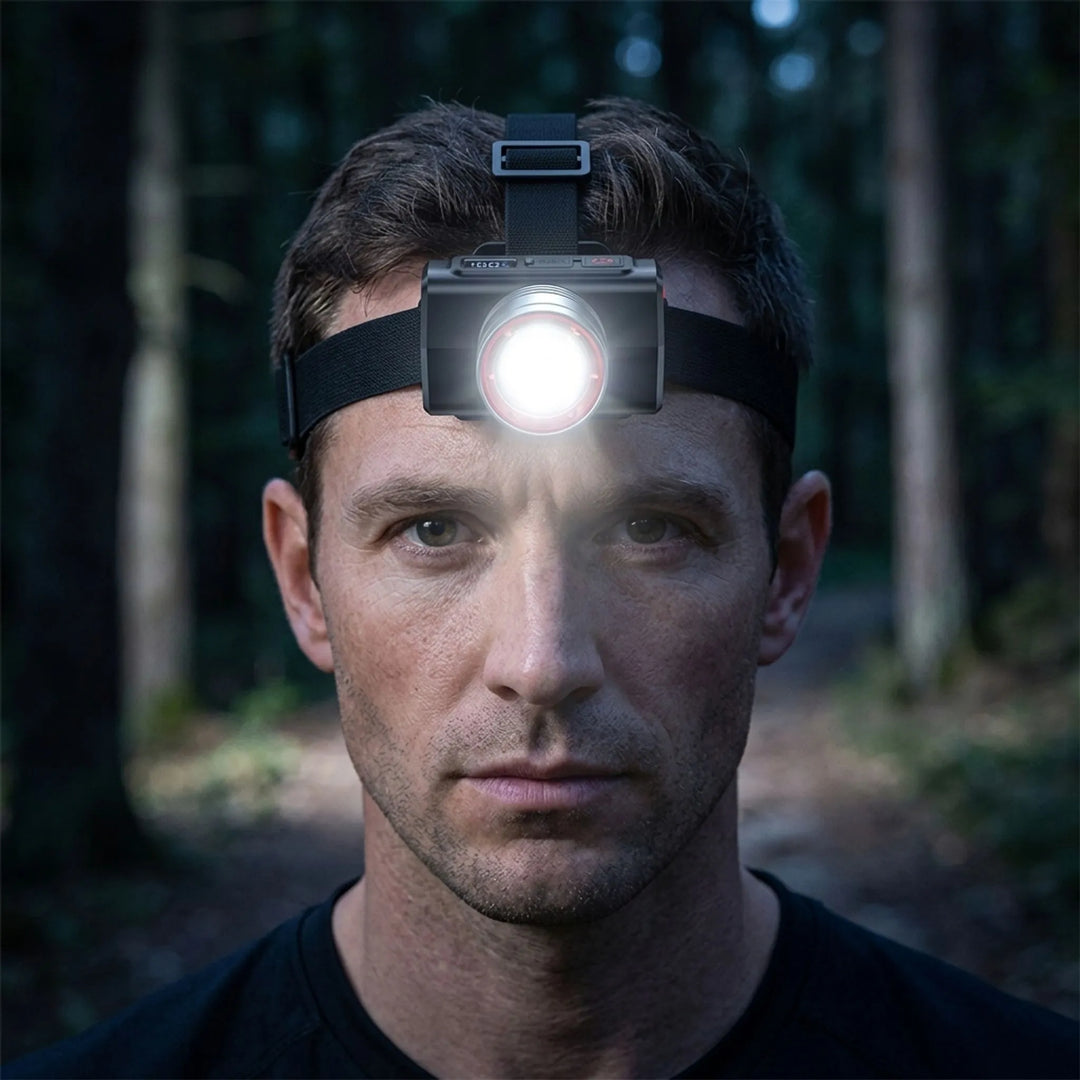 Unisex rechargeable LED headlamp for hands-free outdoor adventures, camping, hiking & fishing. Bright work light.