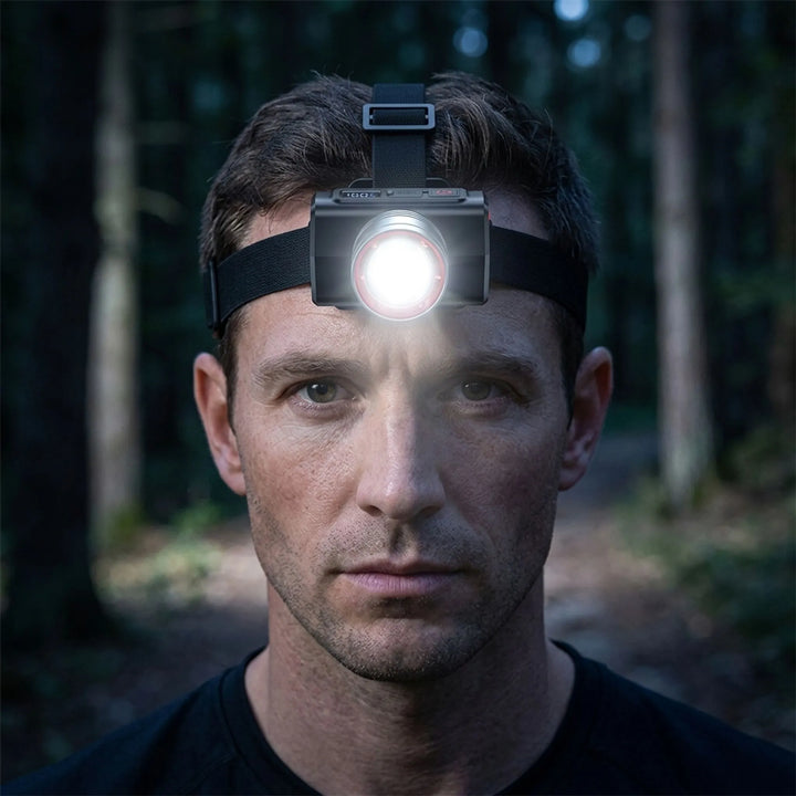 Unisex rechargeable LED headlamp for hands-free outdoor adventures, camping, hiking & fishing. Bright work light.
