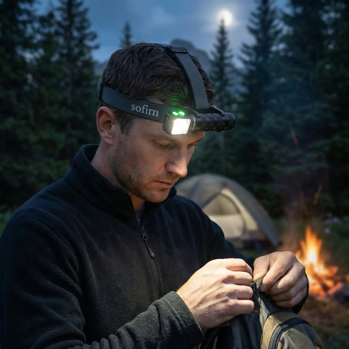 Unisex rechargeable LED headlamp with magnetic base, perfect for hands-free outdoor camping, hiking, & workshop tasks.